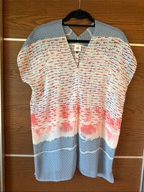 CAbi Coral & Sky Blue Printed V-Neck Tunic